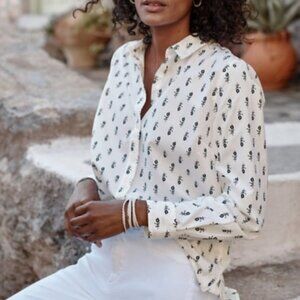 Garnet Hill Signature Organic Pima Cotton Navy Block Print Shirt in Size 8